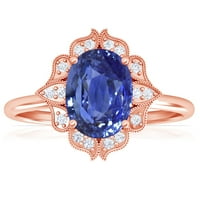 Gemsny rujan rođendan - vintage ovalni plavi safirni prsten sa ručnim setom Diamond Halo