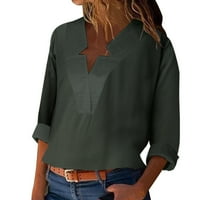 Majice za žene dugih rukava s dugim rukavima dolje pamučna posteljina bluza labavi fit casual v-izrez