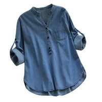 Dressy vrhovi za žene traper asimetrični bocki dugih rukava džepni bluza Bluse XXL