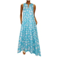 Ženske ljetne haljine za žene labave bez rukava Maxi V-izrez Maxi cvjetna haljina za zabavu Plavi XL
