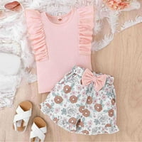 B91XZ Baby Girl Outfit Toddler Ljetna djevojka leteći rukav ruffle prsluk Top cvjetni šorc hlača ružičaste,