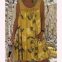 Haljine za žene Ljeto bez rukava Okrugli izrez Ispiši casual kratkim sandress elegantnim čipkama patchwork plus veličina plaža Cisterna mini sunčane haljine žuti xl