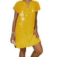 Ženska ljetna casual moda Print kratki rukav V-izrez labavi pamučni posteljina žuta