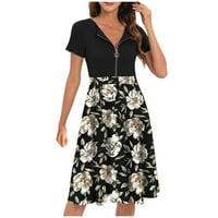 Ljetna haljina za žene Ležerne ljeto Zip V-izrez Midi haljina kratki rukav labav patchwork print haljine