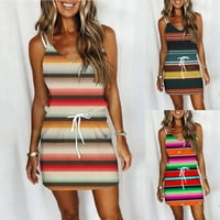 Duga ljetna haljina za žene Žene Stripe haljine Rainbow Mini V izrez Haljina Spaghetti remena rukavica