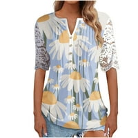 Ženske cvjetne bluze s pola rukava Clowers Henley V Crt Dressy Ljeto Izlasci košulje Pleted labavi fit Tunic Tops Blusas