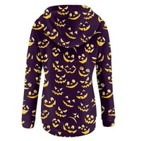 Duks za žene dugih rukava V izrez Halloween Print vrhovi grafički kapuljač Dugme Ležerne majice Bluza