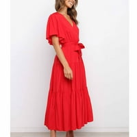 Haljine za žene V-izrez Loose Maxi Solid A-line Summer haljina s kratkim rukavima crvena m