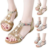 Puawkoer Glitter Rhinestone Dekor sandale za žene Elastične ležerne boemske sandale Chinestone Decor Thong plaže cipele