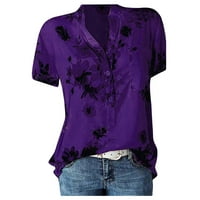 Otvotza crna bluza kratkih rukava Henley cvjetna ženska majica Trendi gumb prema dolje s džepom Žene Ljetni vrhovi plus veličine Bohemian Tuntic Tops Purple XL