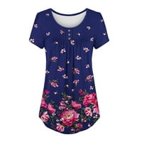 Ženski vrhovi Ljetni ties kratki rukav okrugli vrat cvjetni print Pleat tunika T-majica Tops Bluuse