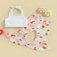 Jaweiwi Baby Kid Girls Hlače Set odjeće, 2T 3T 4T vezanje Halterneck prsluk sa cvijećem Print Flare hlače Ljetna povremena odjeća