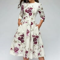 ROLIYEN MIDI haljine za žene rukav za vrat za posade ELEGENT A-line Vintage cvjetna za ispis Vestidos