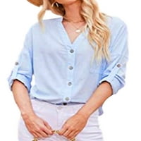 Bomotoo žene vrhovi bluza s dugim rukavima V izrez majica Ležerne prilike tuničke košulje za odmor plavi