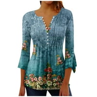 Hanas vrhovi ženske vintage stilske majice, cvijeće tiskane tunike za laticu, seksi V-izrez labav nalepljeni gumb Swing swing pulover gornji plavi s
