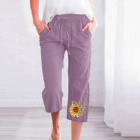 Ženske pamučne posteljine kaprisu hlače labavi fit suncokret za ispis čipke Elastični struk ravno široke