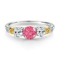 Gem Stone King Srebrna i 10k žuto zlato 3-kamen dijamantski prsten 8x set sa maštovitim ružičastim cirkonijom