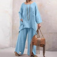 WAVSUF ženske setovi u odjeći za odabir dugih rukava od pamučnih posteljina pulover vrhove i hlače Plave pantalone Postavljene veličine xl