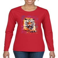 Tiger Reguling Colorful Trippy Tie Dye Životinjski ljubavnik Ženska grafička majica s dugim rukavima, Crvena, 2xL
