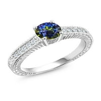 Gem Stone King 1. CT Round Blue Mystic Topaz G-H Lab Grown Diamond Sterling srebrni zaručni prsten