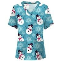 Daqian Womens Plus Veličina T-majice Ženska kratki rukav V-izrez Na vrhu Božićnih tiskanih džepova Bluza