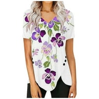 Bazyrey Womens V-izrez ženska cvjetna bluza s kratkim rukavima, Ležerne prilike za košulje Tunika Purple
