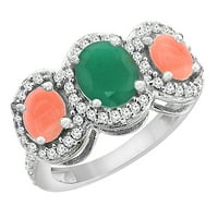 10k bijeli zlatni prirodni kabochon smaragd i koralj 3-kameni prsten ovalni dijamantni akcent, veličina 7.5