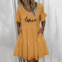 Finelylove sundrese za žensku ležerne haljine V-izrez cvjetni kratki rukav sunčani haljina žuta