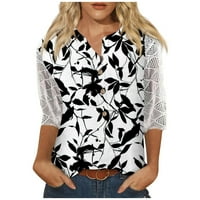 HHEI_K HONGE V majice za rukave za vrat Ispis LACE casual bluza Labavi radovi TUNIC vrhovi