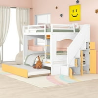 Krevet na kat sa spoljom, stepenicama, merdevinama sa ormarom za skladištenje bijeli + žuti - Twin