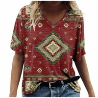 Ženske majice Grafičke majice Vintage Aztec V izrez T košulje Casual kratkih rukava Ljetni vrhovi tees, vino m