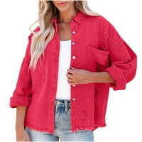 TOQOT Ženska jeanska jakna - Vintage StreetStyle Ripped padajuće jakne za žene crvene veličine S