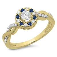 0. Carat 10k žuti zlatni okrugli rez plavi safir i bijeli dijamantski dame Swirl Bridal Halo Angažman prsten CT