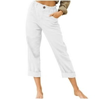 Ženske pune boje pamučne pantalone elastične strugove casual pantalone sa džepom