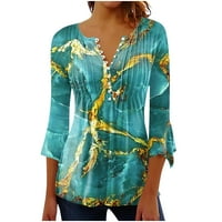 Majice za petal za žene Print Tunic Jesen Dressy Bell rukave V izrez Bluze, Cyan L