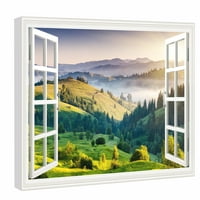 Pogled na prozor zelenih brežuljka Art Lažni otvoreni prozor Zidna umjetnost Mountain Framed slikar