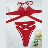 Aaiyomet Thong bikini kupaći kostimi za žene Bikini Solidni ženski splitski kupaći kostimi s plihuitama struka, crveni m