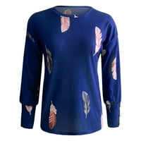 Klinovanje pletiva za žene pero tiskane ležerne vrhove, ženska slatka grafička bluza pulover dugih rukava