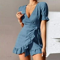 Ljetne haljine za žene kratki rukav omotaj mini modne čvrstog V-izrez plave s