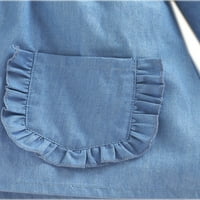 Elfinbe Baby Girl Denim Blue Solid Color okrugli džep rufffly Flying Gumbi Dugi rukav A-linijski haljina, 3-24m