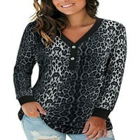 Glookwis Žene majica majica Basic majica Casual Tee Dugi rukav Leopard Print Pulover Tunic Bluza Crna