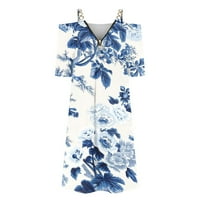 Clearsance Ljetne haljine za žene vruće prodaje cvjetni kratki rukav mini V-izrez Haljina tamno plava