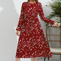 Lenago ženske haljine za jesen plus veličina modni okrugli deckck dugih rukava ispis ruffled urasline haljina maxi haljina na klirensu