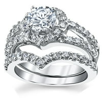 Ženska okrugla sjajna srebrna srebrna srebrna srebrna srebrna 2-kom svadbeni zvjedbeni prsten simulirani dijamantski bendovi kubični cirkonijski