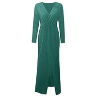 Žene se oblače zimski rukav V izrez dugačak noćni klub stil tanka košulja s prorezom Duga zelena haljina 2xl
