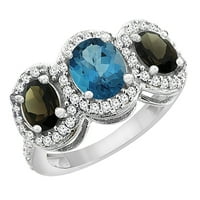 14k bijelo zlato prirodno London Blue Topaz & Smoky Topaz 3-kameni prsten ovalni dijamant naglasak,