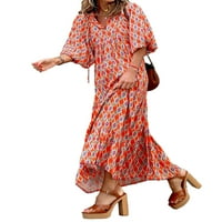 GENUISKIDS Ženska ljetna casual haljina Vintage Bobo Cvjetni ispisani kratki puff rukava V Slow Flowy