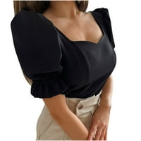 Ženski kvadrat V izrez duha kratki rukav, ljetna ležerna elegantna majica Black XL