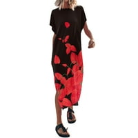 Ljetne haljine za žene Srednja duljina kratki rukav modni redak s tiskanim okruglim izrezom Crvena s