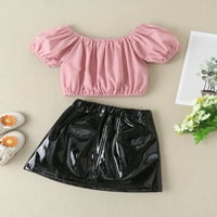 Musuos Toddler Girls Ljeto odijelo setovi ružičaste kratki rukav sa ramena + crne pune kožne suknje